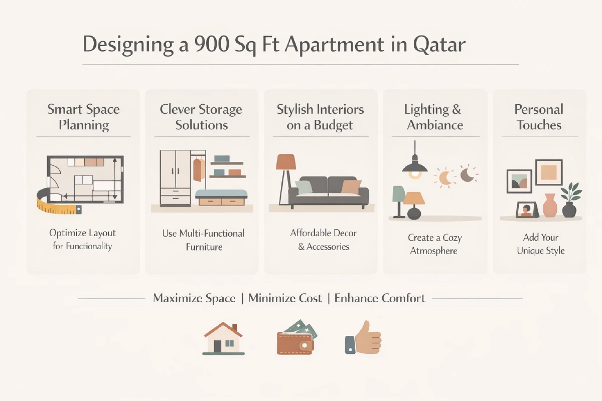 900 sq ft apartment interior layout strategy showing space zoning built in storage planning and budget allocation logic in Qatar residential projects