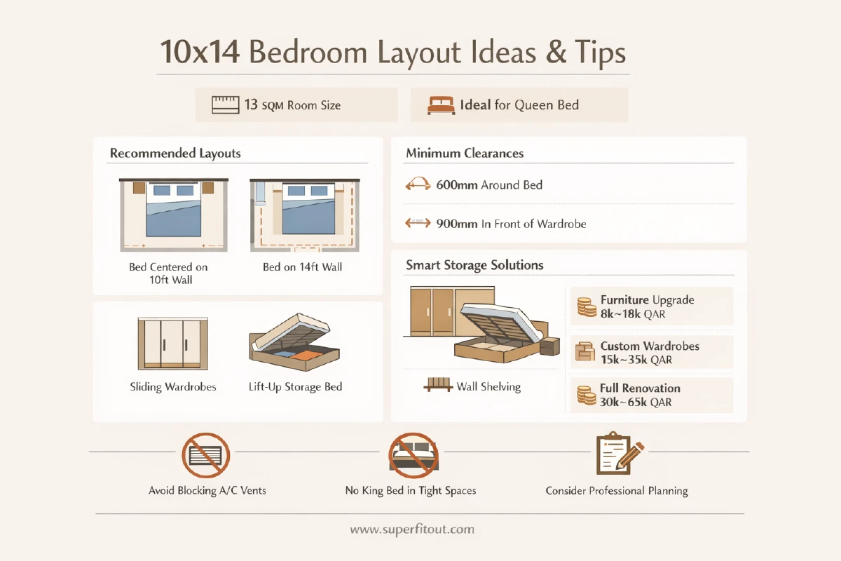 10x14 bedroom layout plan showing queen bed placement furniture clearance zones sliding wardrobe configuration and vertical storage solutions in a Qatar apartment