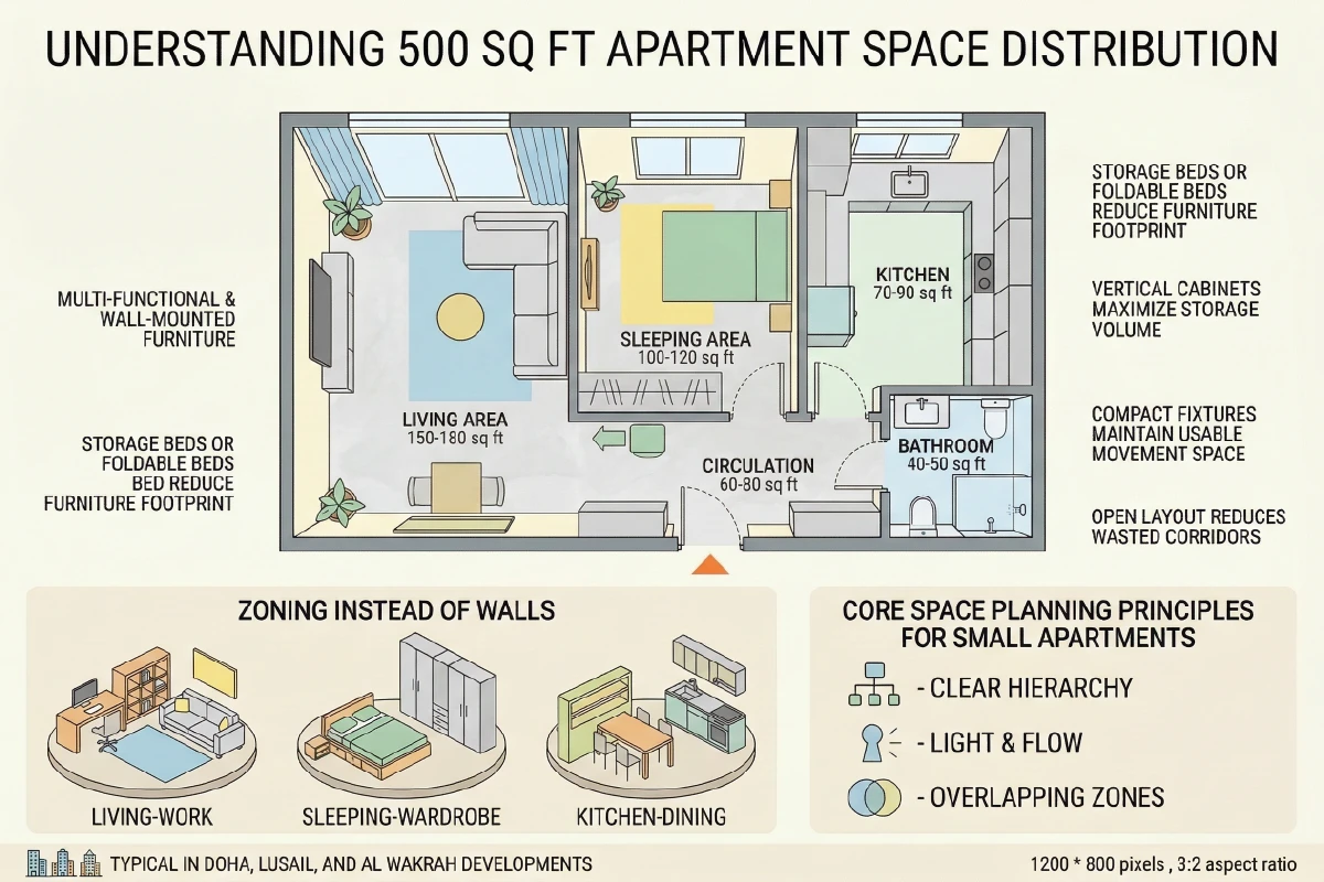 500 sq ft apartment layout plan showing living zone sleeping area compact kitchen circulation paths vertical storage walls and multifunction furniture planning in a Qatar apartment