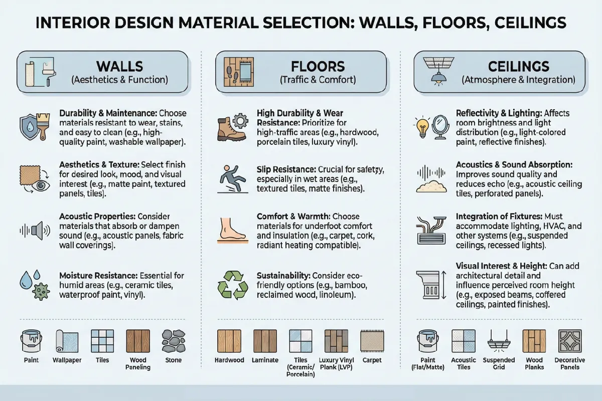 Material Selection Requirements For Interior Design Walls Floors And Ceilings